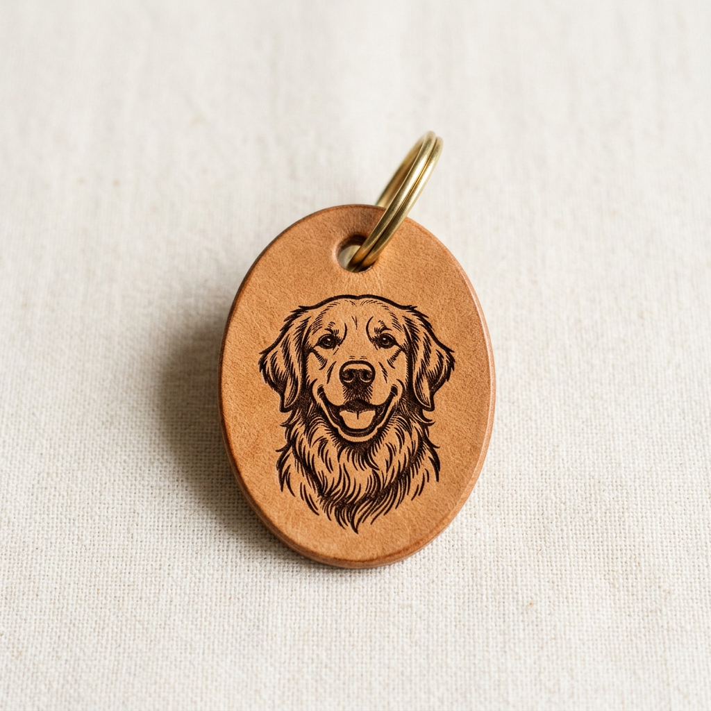 Custom Pet Portrait Tag — Cartoon Line Art Engraved Leather ID Tag