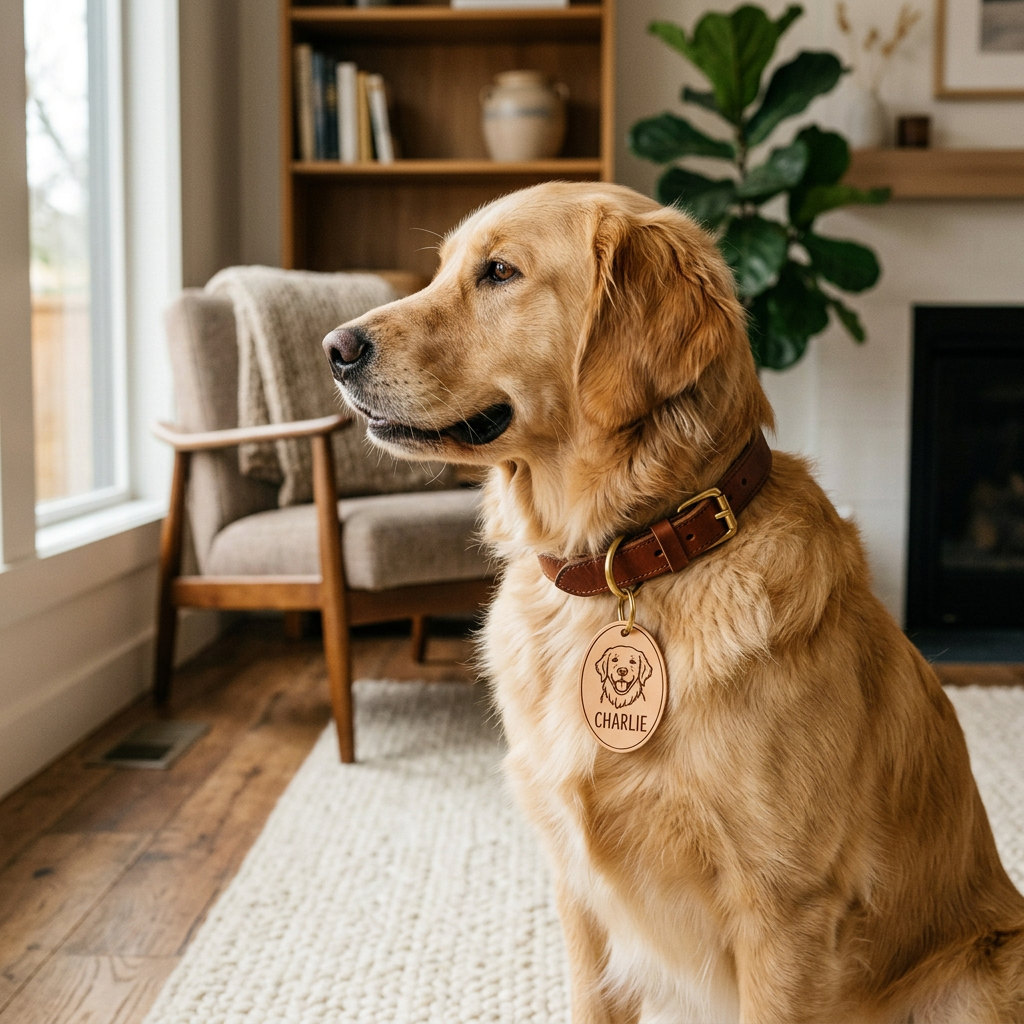 Custom Pet Portrait Tag — Cartoon Line Art Engraved Leather ID Tag